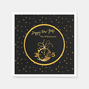 Any Year Happy New Year's Black Gold Clock  Napkin
