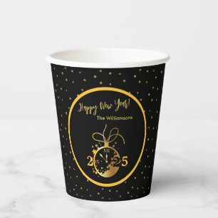 Any Year Happy New Year's Black Gold Clock  Paper Cups
