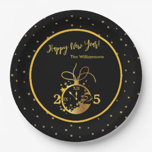 Any Year Happy New Year's Black Gold Clock  Paper Plate