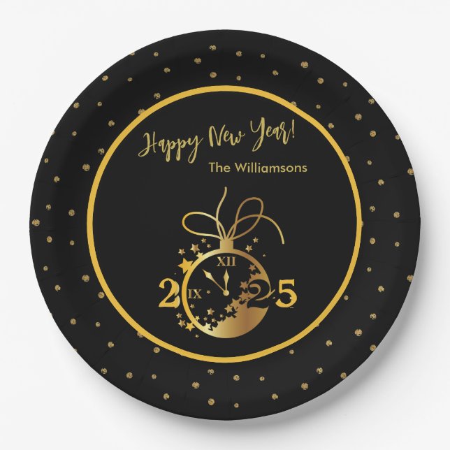 Any Year Happy New Year's Black Gold Clock  Paper Plate (Front)