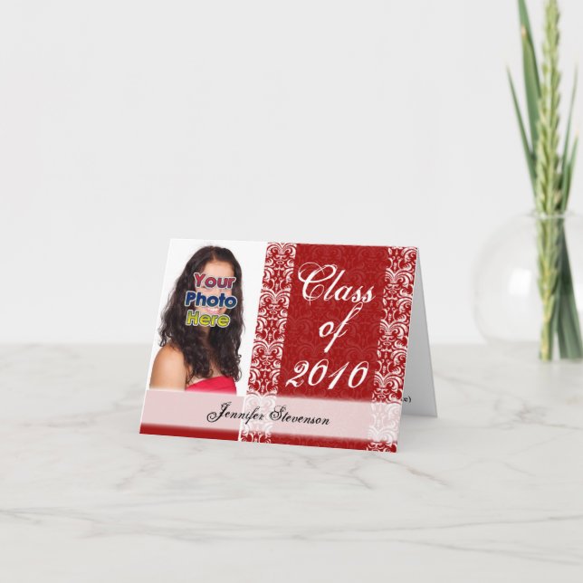 Any Year~ Pretty Red/White Damask Graduation Invitation (Front)