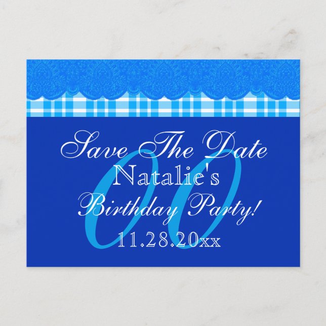 ANY YEAR Save the Date Birthday Blue Lace Plaid V7 Announcement Postcard (Front)
