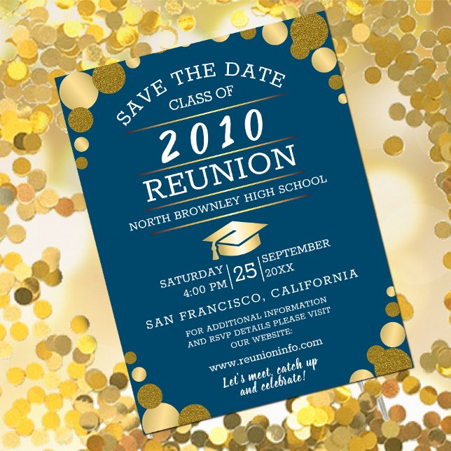 Any Year School Class Reunion Invitation Postcard (School class reunion invitation design with golden confetti)
