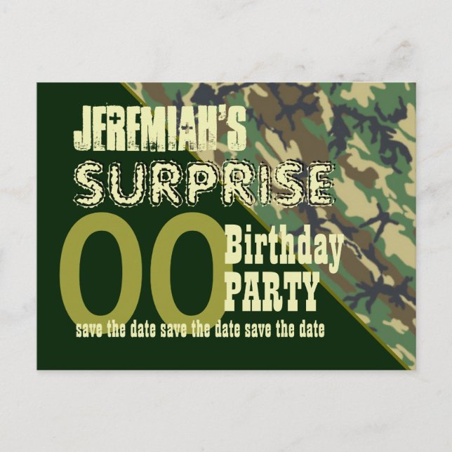 Any Year Surprise Birthday Save the Date Camo Announcement Postcard (Front)