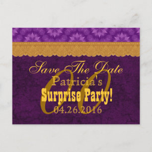 Any Year SURPRISE Birthday Save the Date Purple a1 Announcement Postcard