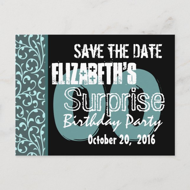 Any Year Surprise Birthday Swirls Save the Date Announcement Postcard (Front)