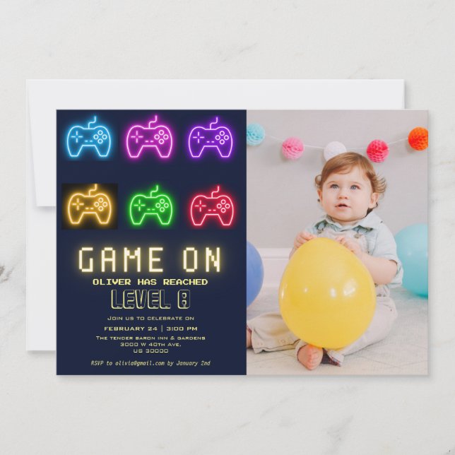Any year video game photo birthday  invitation (Front)