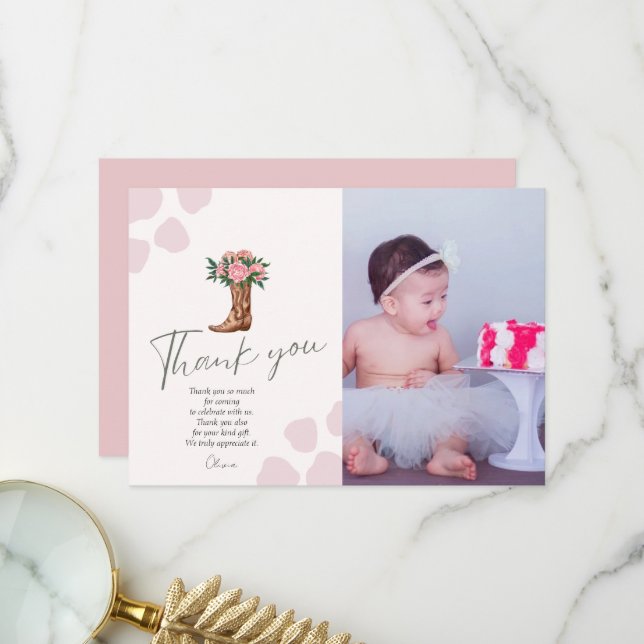 Any year western cowgirl pink birthday photo thank you card (Front/Back In Situ)