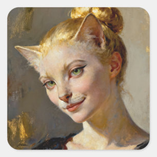 “Anya, Meticulously Content” – A Feminine Feline Square Sticker