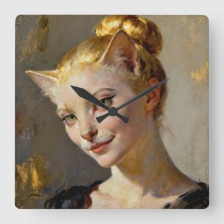 “Anya, Meticulously Content” – A Feminine Feline  Square Wall Clock