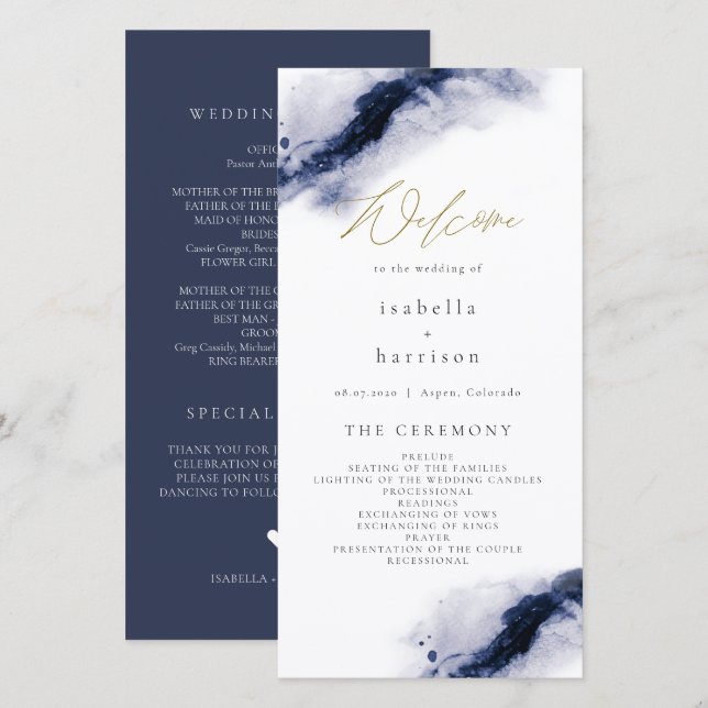 ANYA | Navy Blue Watercolor Gold Wedding Program (Front/Back)