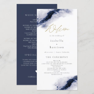 ANYA Navy Blue Watercolor Gold Wedding Program