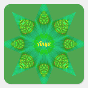 ANYA ~WOW! Octagonal Green Star Fractal Design ~  Square Sticker