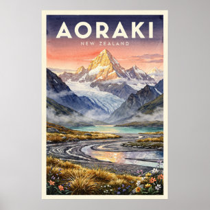 Aoraki Mount Cook New Zealand Vintage Travel Poster