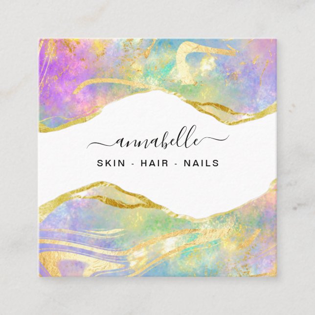 *~* AP26 Ethereal OPAL Rainbow QR Gold Glitter  Square Business Card (Front)