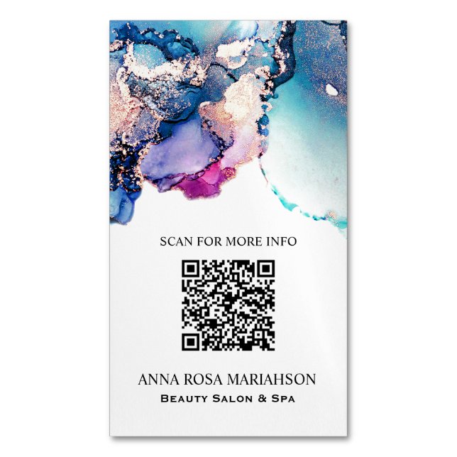 *~* AP29 QR Abstract Turquoise Teal Gold Gilded Magnetic Business Card (Front Vertical)