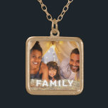 *~* AP42 FAMILY Photo Picture Gold Glitter  Gold Plated Necklace<br><div class="desc">SQUARE GOLD NECKLACE - GLITTER and White Block Letters (search id AP42 for similar designs on various products ) * Energetically Enhanced remembrance Keepsake memories memory family. Upload your family picture. Right now the text reads "FAMILY" A text area is available. Personalize Customize the font colour , font size actual...</div>