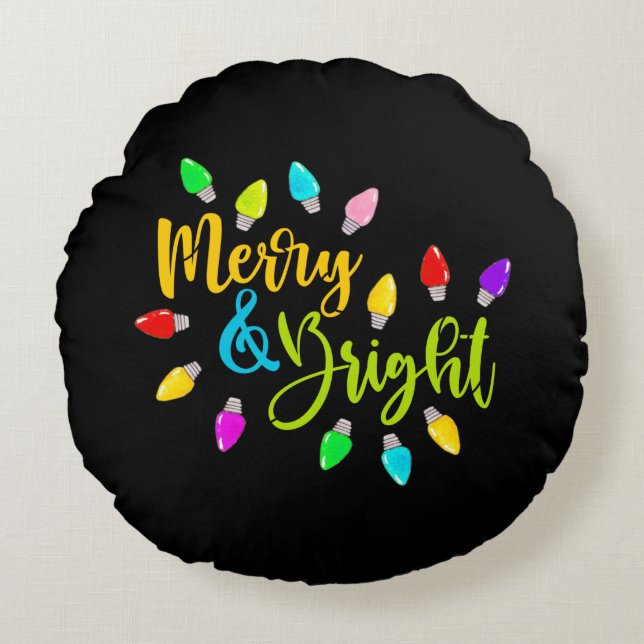 *~* AP44 Merry Bright colourful Christmas Lights Round Pillow (Front)