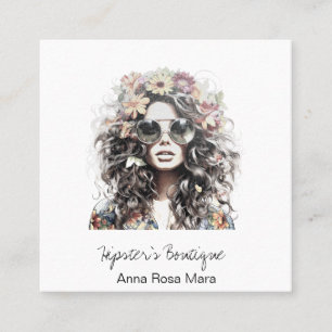 *~* AP57  Boho QR Floral Wild Hippie Girl  Square Business Card