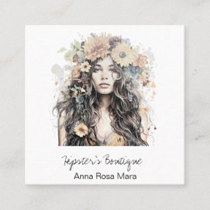 *~* AP57 Orange Boho QR Flowers Hair Hippie Girl Square Business Card
