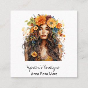 *~* AP57 QR Orange Boho Flowers Hair Hippie Girl  Square Business Card