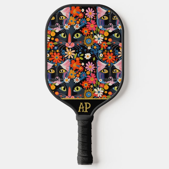 *~* AP68 Floral Whimsical Quirky Cat PHOTO 3 Pickleball Paddle (Front)