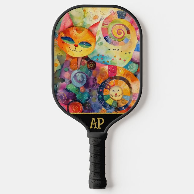 *~* AP68 Whimsical Quirky Cat Vibrant Colourful 2 Pickleball Paddle (Front)