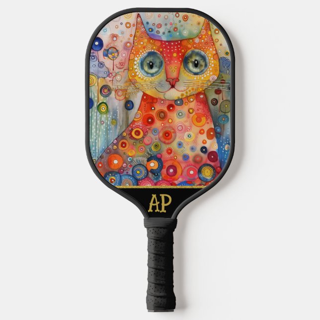 *~* AP68 Whimsical Quirky Cat Vibrant Colourful 3 Pickleball Paddle (Front)
