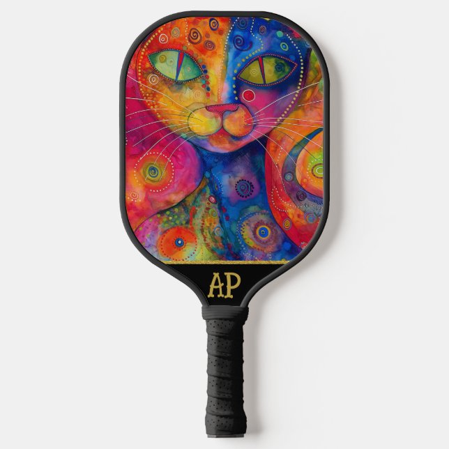 *~* AP68 Whimsical Quirky Cat Vibrant Colourful 8 Pickleball Paddle (Front)