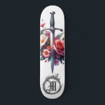 *~* AP88 Fire Medieval Sword Flower Floral Skateboard<br><div class="desc">(Search code AP88 to find similar items ) Easily Transfer to other Zazzle Products. WHITE background Skateboard. MEDIEVAL SWORD for dragon slayers with FLOWERS / FLORAL elements and with RING of FIRE / FLAMES / FLAME and Letter , INITIAL MONOGRAM for your name - Keep or edit or delete the...</div>
