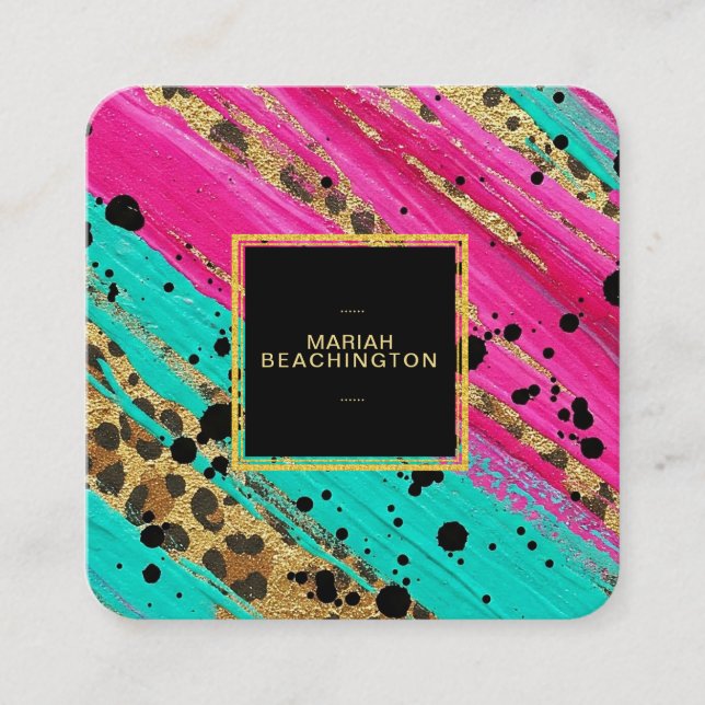 ** AP93 Gold Leopard Animal Neon Bold Abstract Square Business Card (Front)