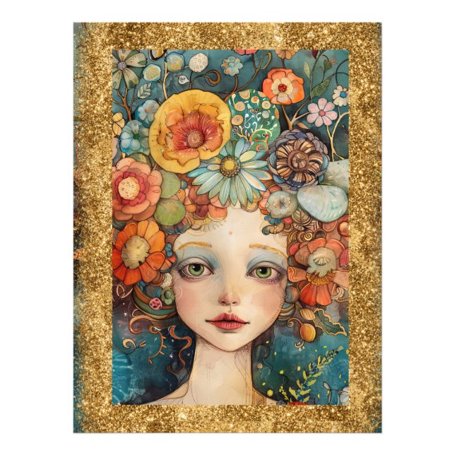 *~  AP95 Whimsical Woman Flowers Gold  Glitter art Photo Print (Front)