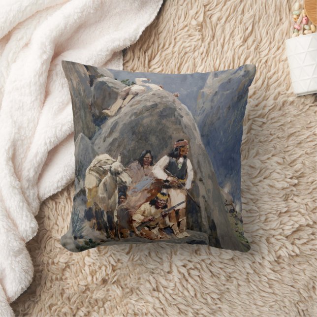 Apache Warriors: Ambush on American Cavalry Throw Pillow (Blanket)