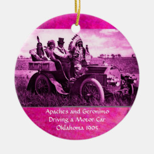 APACHES AND GERONIMO DRIVING A MOTOR CAR CERAMIC ORNAMENT