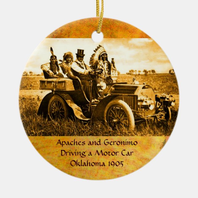 APACHES AND GERONIMO DRIVING A MOTOR CAR CERAMIC ORNAMENT (Front)