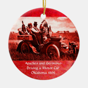 APACHES AND GERONIMO DRIVING A MOTOR CAR CERAMIC ORNAMENT