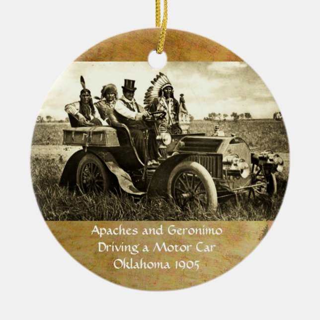 APACHES AND GERONIMO DRIVING A MOTOR CAR CERAMIC ORNAMENT (Front)