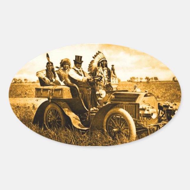 APACHES AND GERONIMO DRIVING A MOTOR CAR OVAL STICKER (Front)