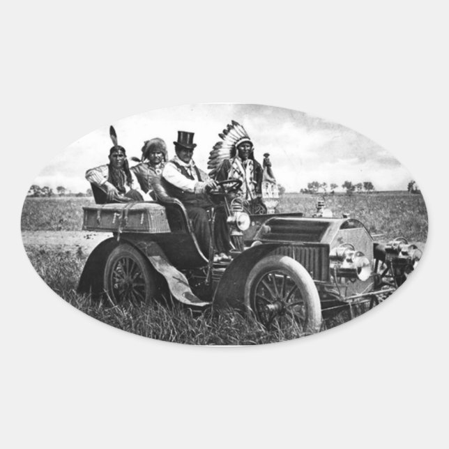 APACHES AND GERONIMO DRIVING A MOTOR CAR OVAL STICKER (Front)