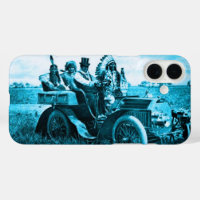 APACHES AND GERONIMO DRIVING A MOTOR CAR Teal Blue
