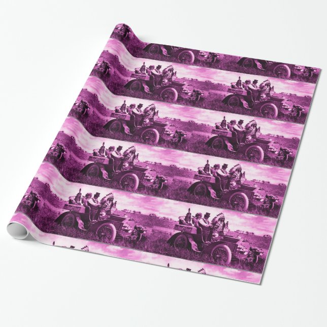 APACHES AND GERONIMO DRIVING A MOTOR CAR WRAPPING PAPER (Unrolled)