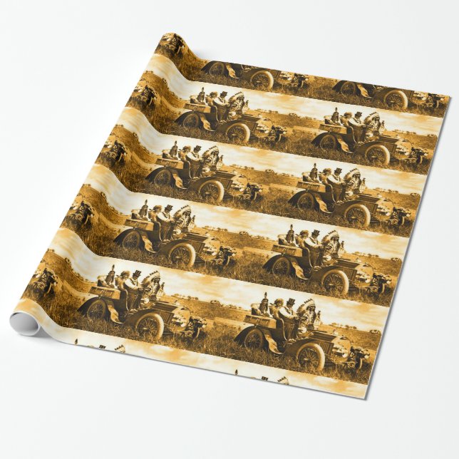 APACHES AND GERONIMO DRIVING A MOTOR CAR WRAPPING PAPER (Unrolled)