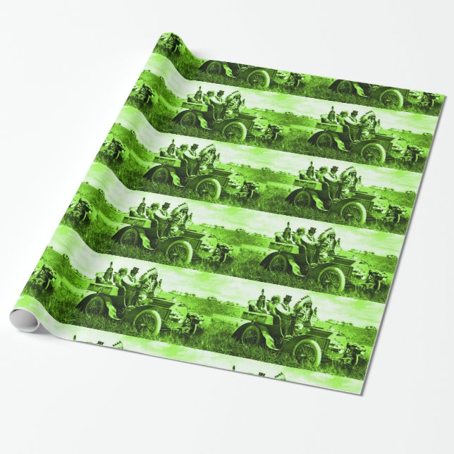 APACHES AND GERONIMO DRIVING A MOTOR CAR WRAPPING PAPER (Unrolled)