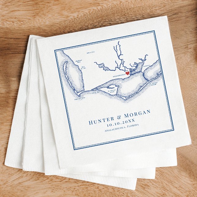 Apalachicola FL Map Elegant Navy Blue Wedding Napkin (Apalachicola Wedding Napkins with Elegant navy blue Florida map from Coastal Map Designs)