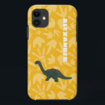 Apatosaurus Toy Dinosaur Green and Yellow Case-Mate iPhone Case<br><div class="desc">Create a personalized gift that's perfect for dinosaur fans young and old. This cell or mobile phone case features a photo of a plastic toy apatosaurus dinosaur in green with rust red accents set against a bright yellow background featuring a pattern of fossils of dinosaur footprints. Add your own name...</div>