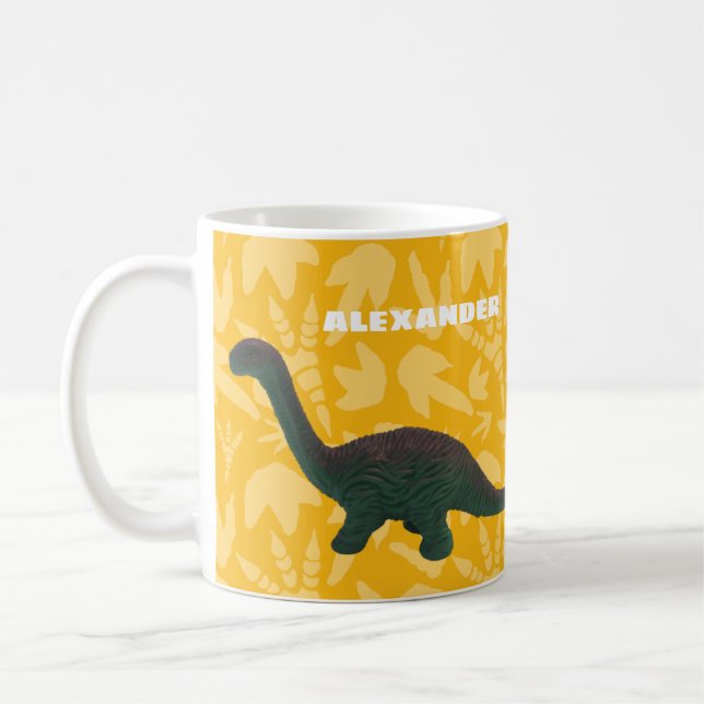 Apatosaurus Toy Dinosaur Green and Yellow Coffee Mug (Left)