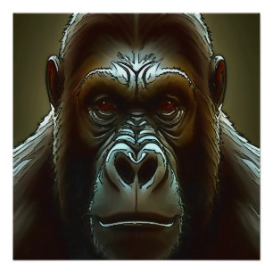Ape Mountain Gorilla Fun Face Black Outline Art Poster