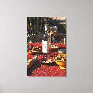 Aperitif and appetizers prepared: bread, olives, canvas print