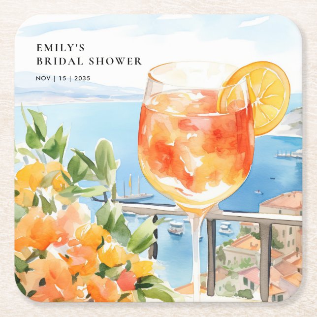 Aperol Spritz Amalfi Bridal Shower Square Paper Coaster (Front)