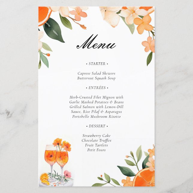 Aperol Spritz Floral Bridal Shower Menu (Front)